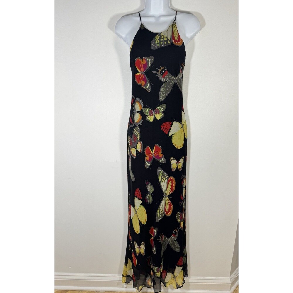 Vtg Y2K Silk Mesh Overlay Bias Cut Maxi Slip Dress Butterflies Fairy Sz 4